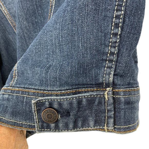 Womens Celebrity Pink Denim Jacket Size L Distress Crop Stretch 2350 EUC Dark - Picture 8 of 11